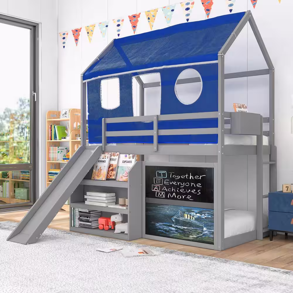 Harper & Bright Designs Gray Twin over Twin Wood House Bunk Bed with Blue Tent, Slide, Shelves, Blackboard, and Ladder