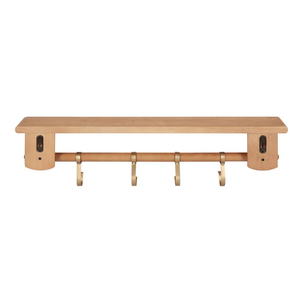Kate and Laurel Alta 7.00 in. x 27.00 in. x 7.00 in. Natural Wood Floating Decorative Wall Shelf with Hooks