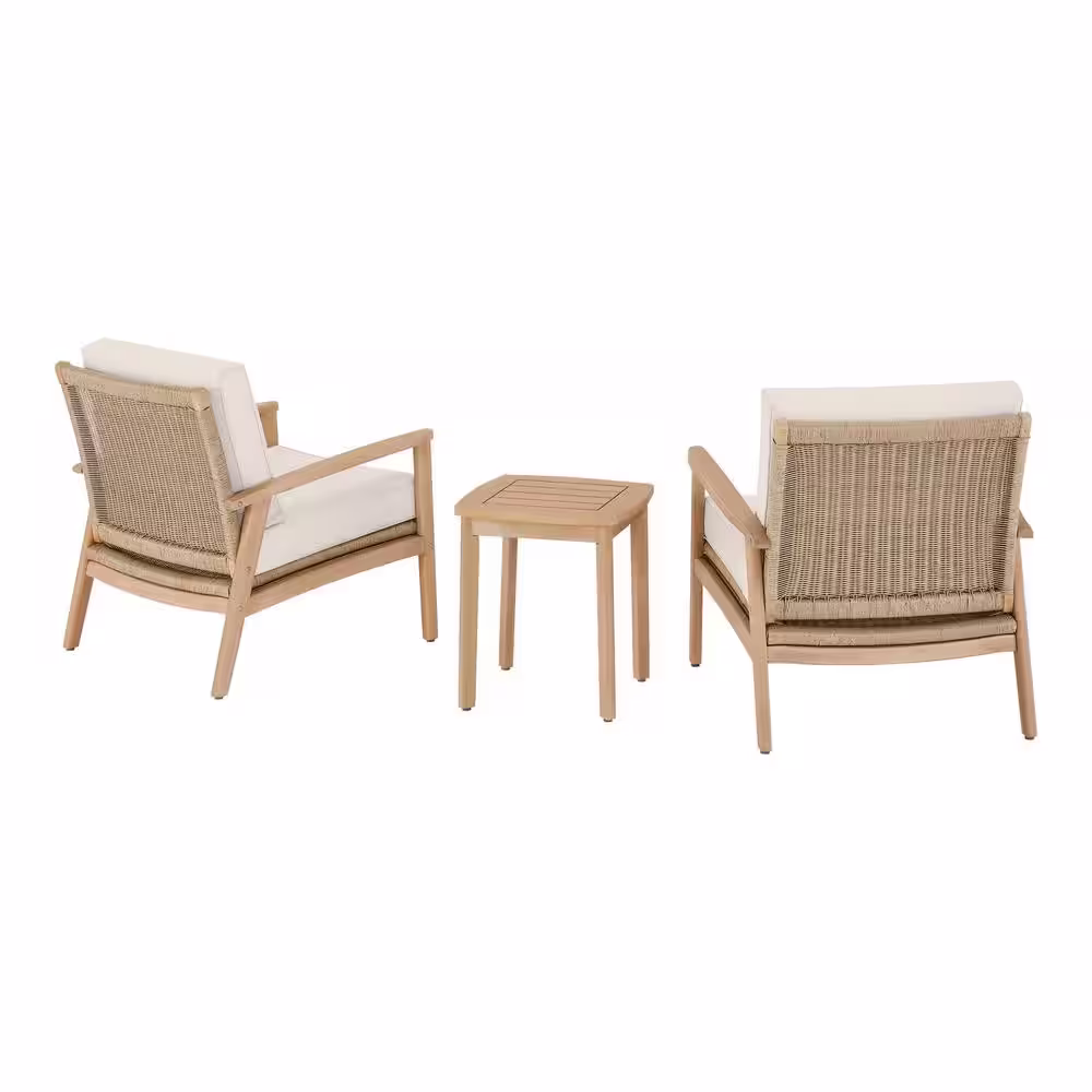 Hampton Bay Laurelwood 3-Piece Eucalyptus Conversation Set with CushionGuard Almond Tan Cushions