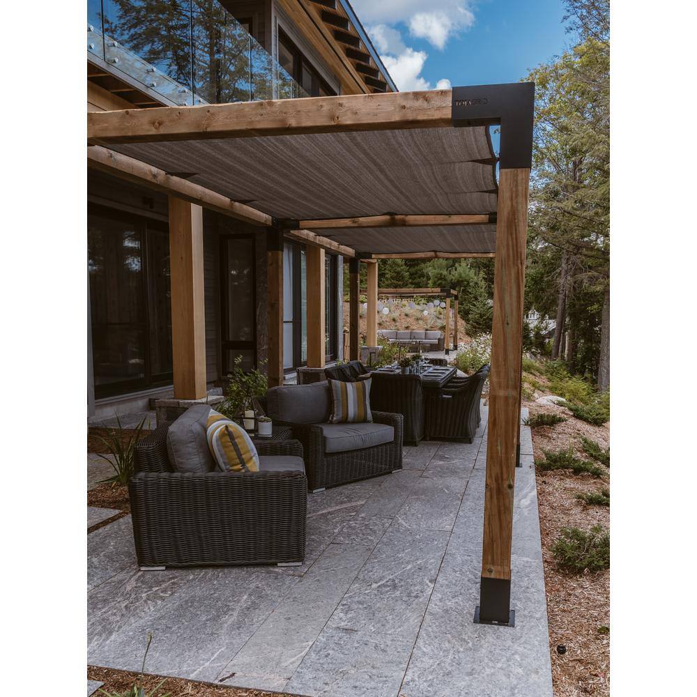 TOJA GRID 12 ft. L x 24 ft. W Double Wall Mount Pergola Kit with 2 Denim Shade Sails, 6x6 Wood