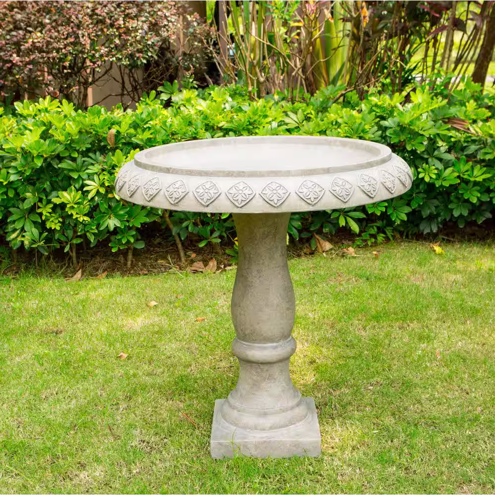KANTE 22.8 in. Dia Weathered Concrete Lightweight Traditional Textured Flower Diamond Pattern Birdbath