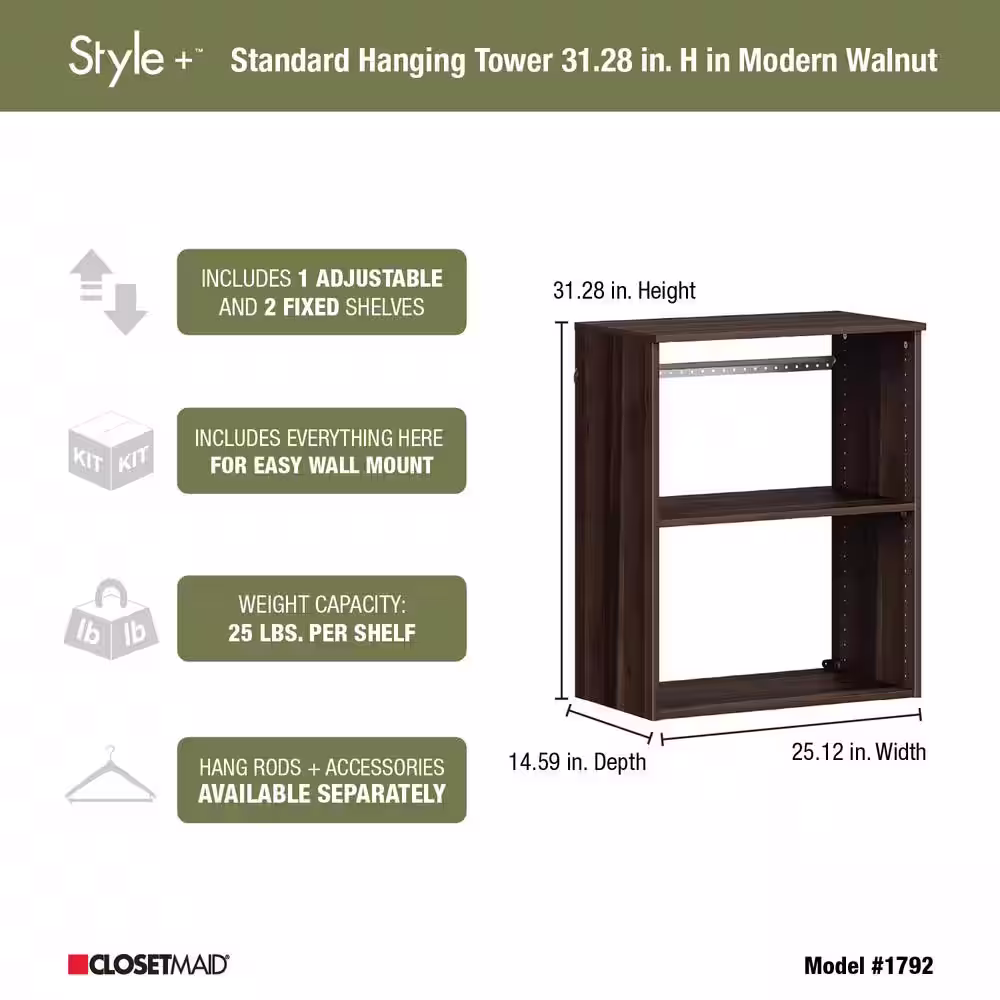 ClosetMaid Style+ 14.59 in. D x 25.12 in. W x 31.28 in. H Modern Walnut Wood Closet System Hanging Tower