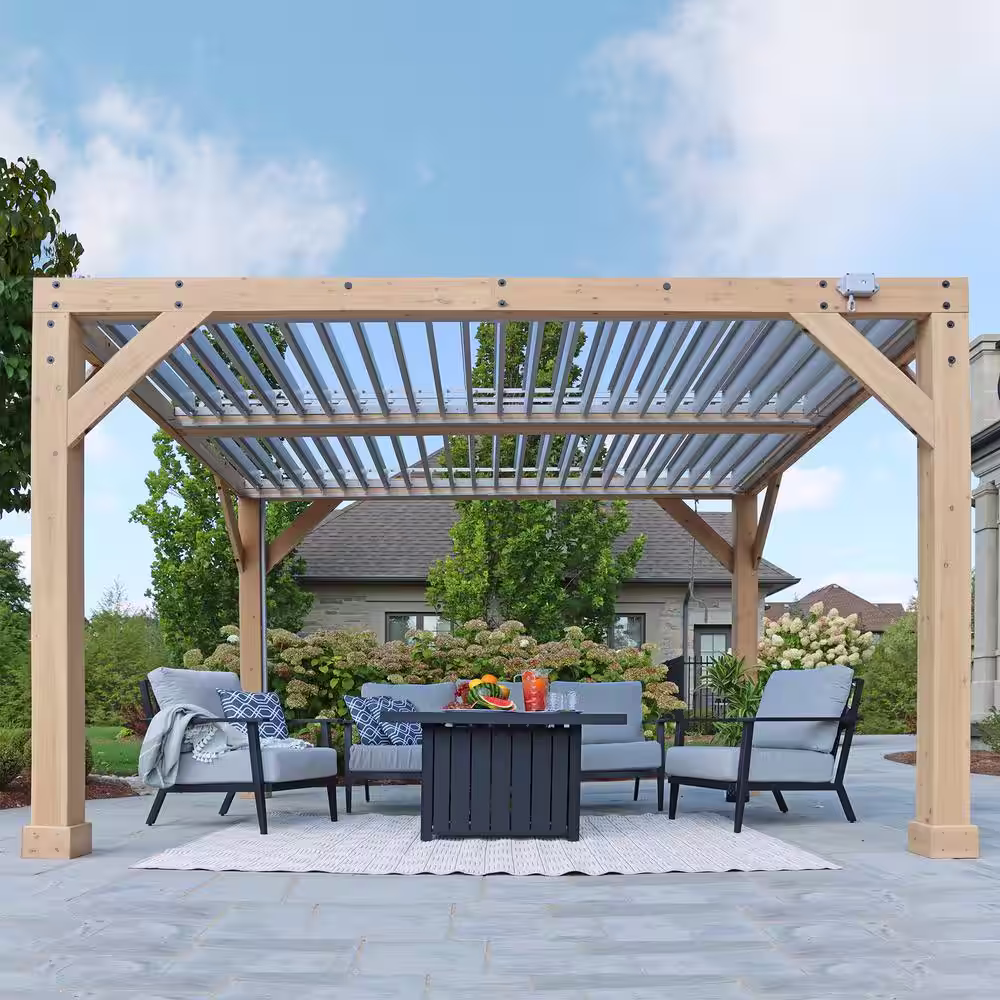 Yardistry Meridian 10 ft. x 12 ft. Premium Cedar Patio Shade Pergola with Gray Louvered Roof Panels and Built-In Gutter System