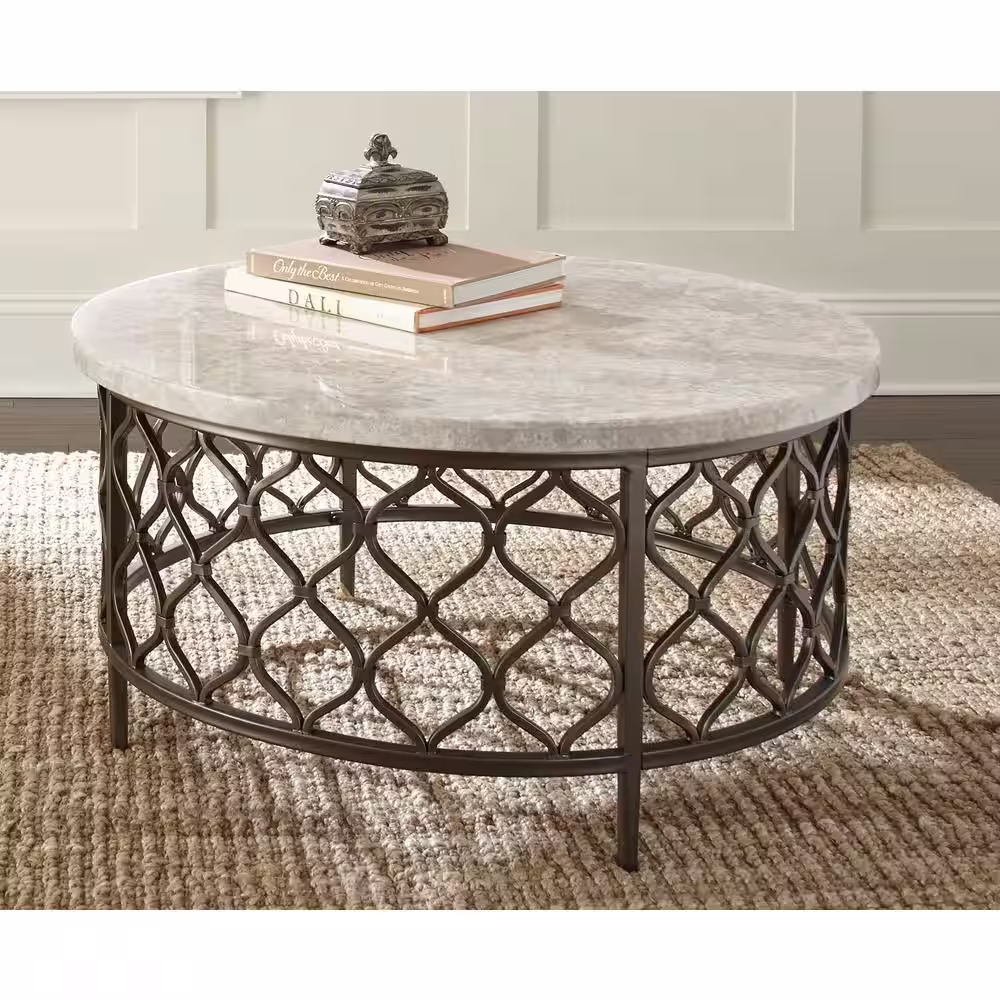 Steve Silver Roland 36 in. Cream/Black Medium Round Stone Coffee Table