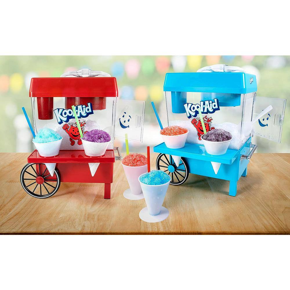 Nostalgia 8 oz. Blue Countertop Snow Cone Machine Cart Style, Includes 2-Reusable Plastic Cups and Ice Scoop, Blue