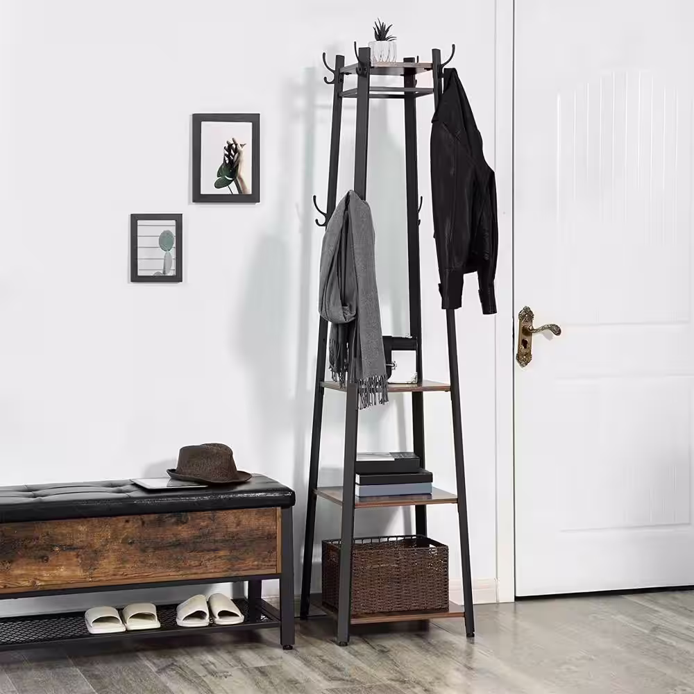Benjara Brown and Black Metal Framed Ladder Style Coat Rack with Three Wooden Shelves