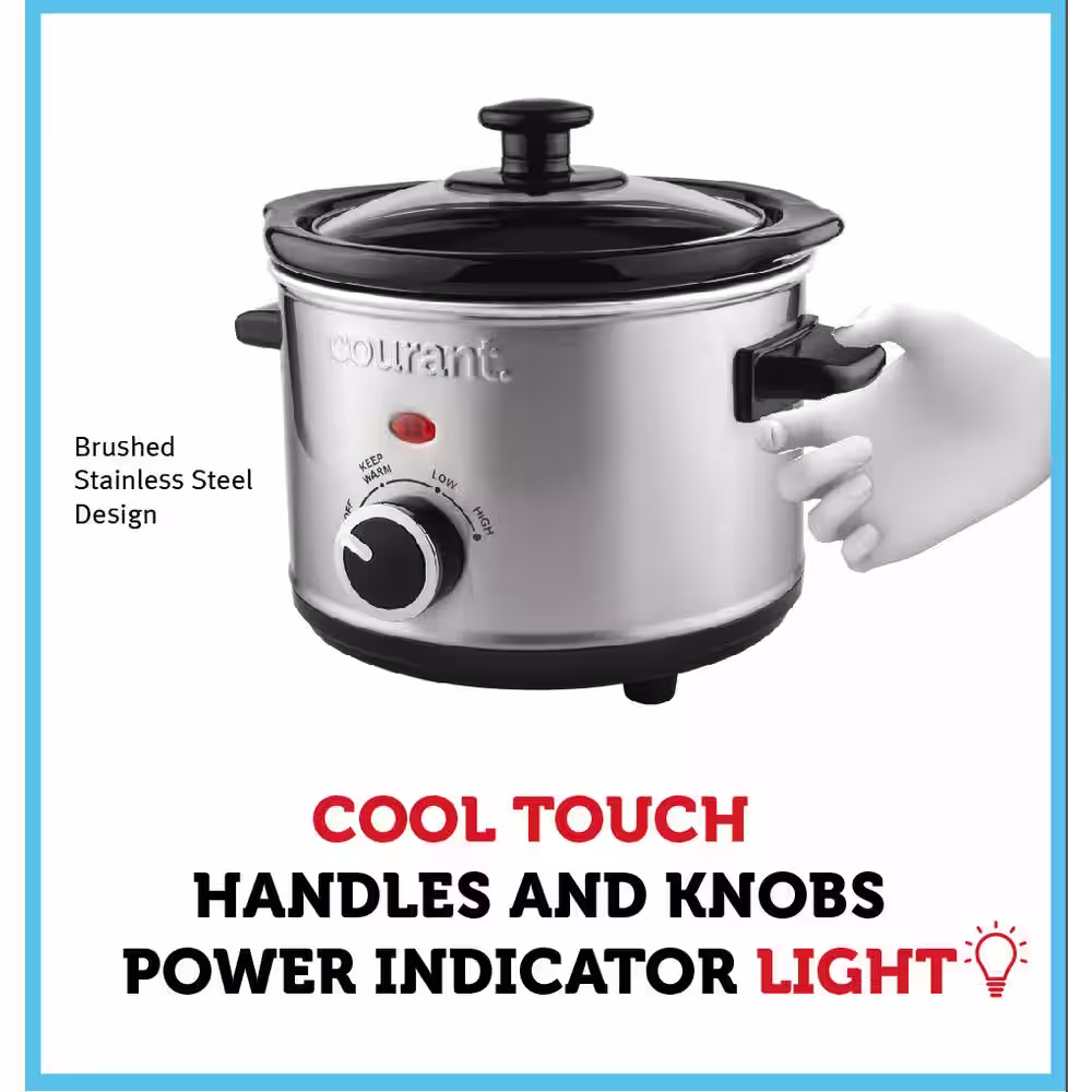 Courant 1.6 qt. Mini Slow Cooker Crock, Warm Settings, Stainproof Stoneware Pots, Stainless Steel