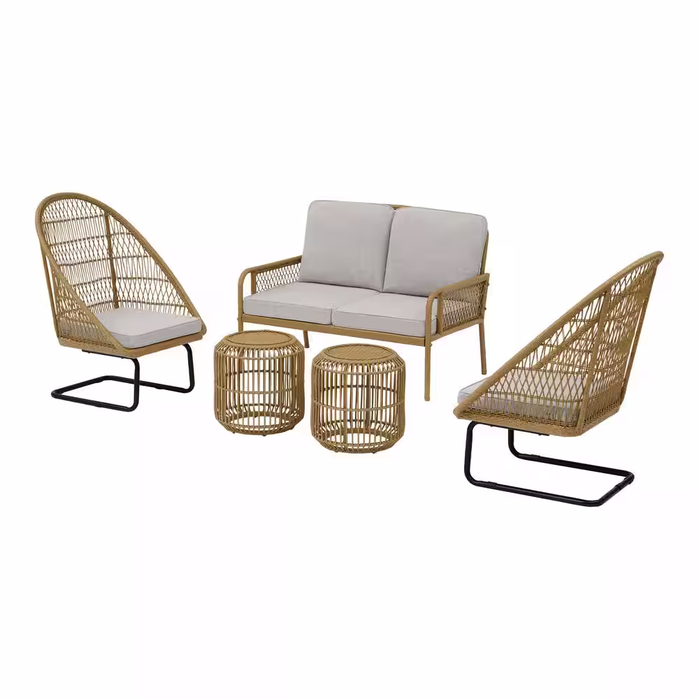 Hampton Bay Sierra Creek Tan 5-Piece Wicker Outdoor Patio Conversation Deep Seating Set with CushionGuard Stone Gray Cushions