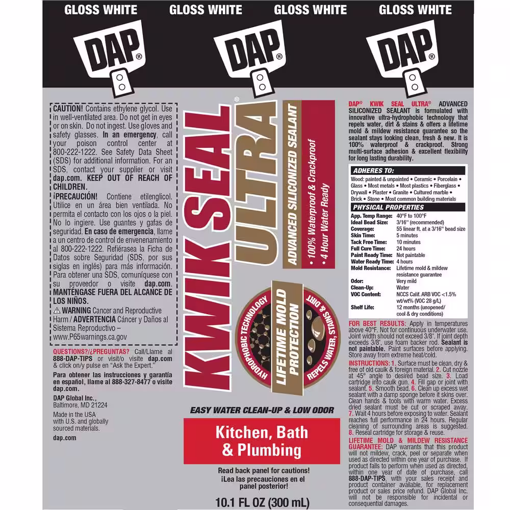 DAP Kwik Seal Ultra 10.1 oz. White Advanced Siliconized Kitchen and Bath Caulk (2-Pack)