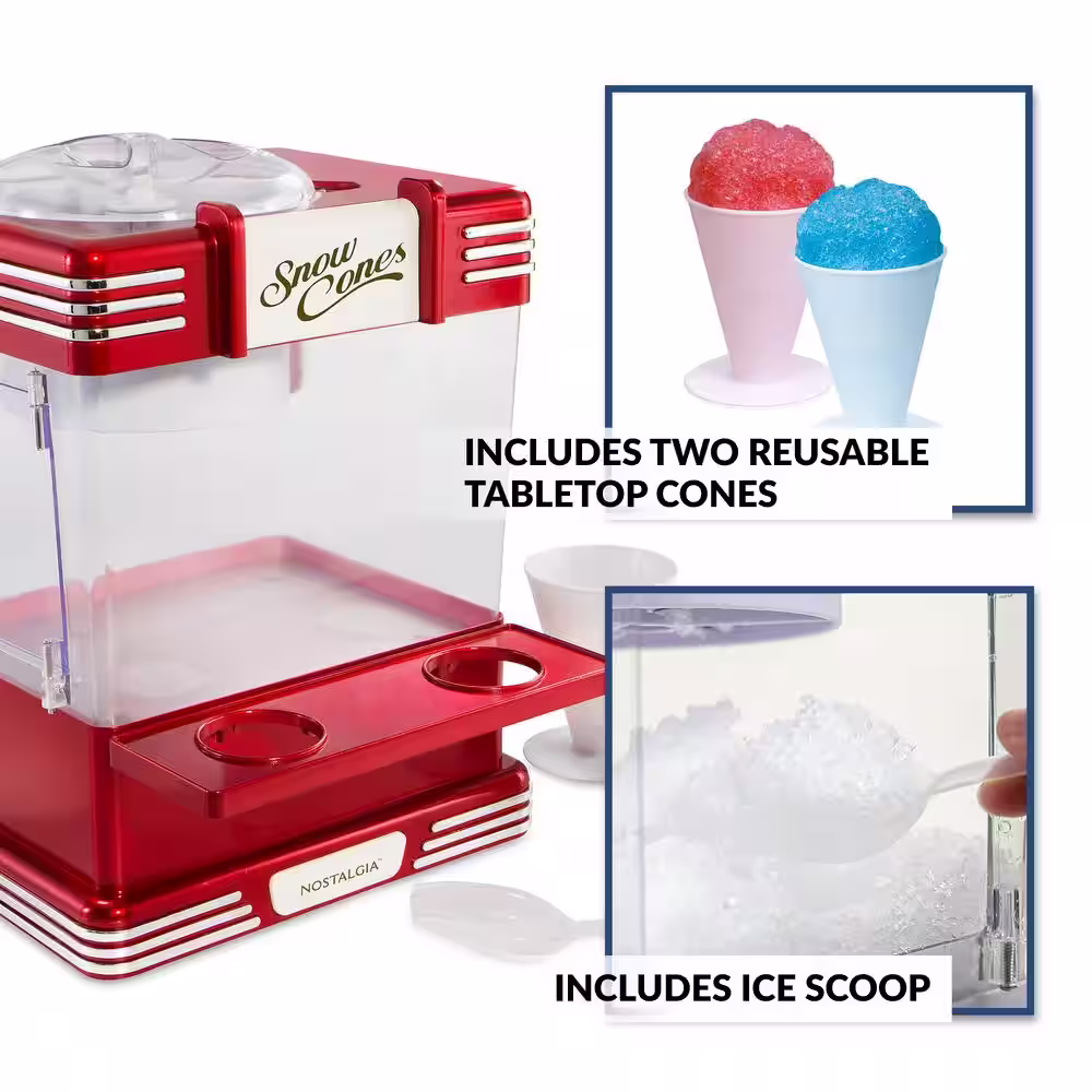 Nostalgia Retro Table-Top Red Snow Cone Maker, Makes 20 Icy Treats, With 2 Reusable Plastic Cups & Ice Scoop