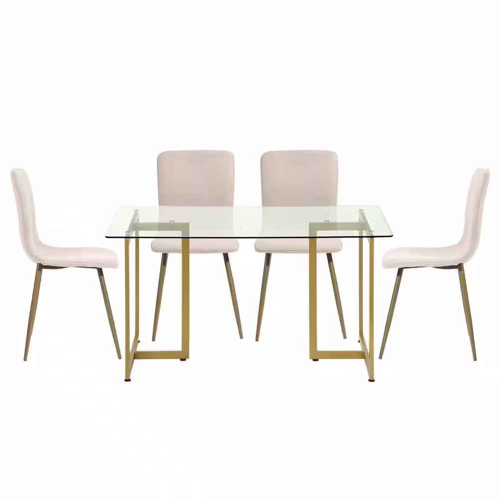 None Slip Scargill Beige 5-Pcs Elegant Dining Set with Glass Top Gold Leg Table and Fabric Upholstered Chairs (Seat 4)