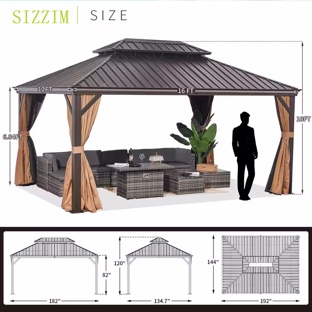 None 12 ft. x 16 ft. Bronze Gold Aluminum Hardtop Gazebo Galvanized Steel Roof with Curtain and Mosquito Net