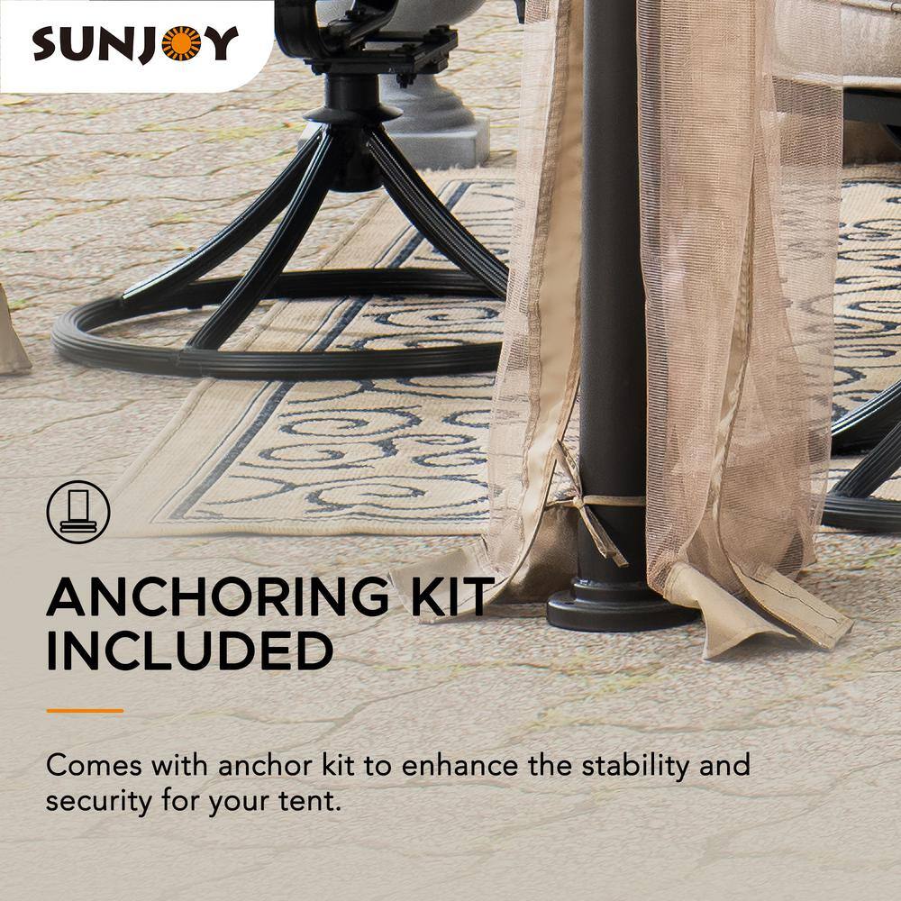 Sunjoy Bourbon 13.5 ft. x 13.5 ft. Brown Steel Gazebo with 2-Tier Tan and Brown Dome Canopy and Mosquito Netting