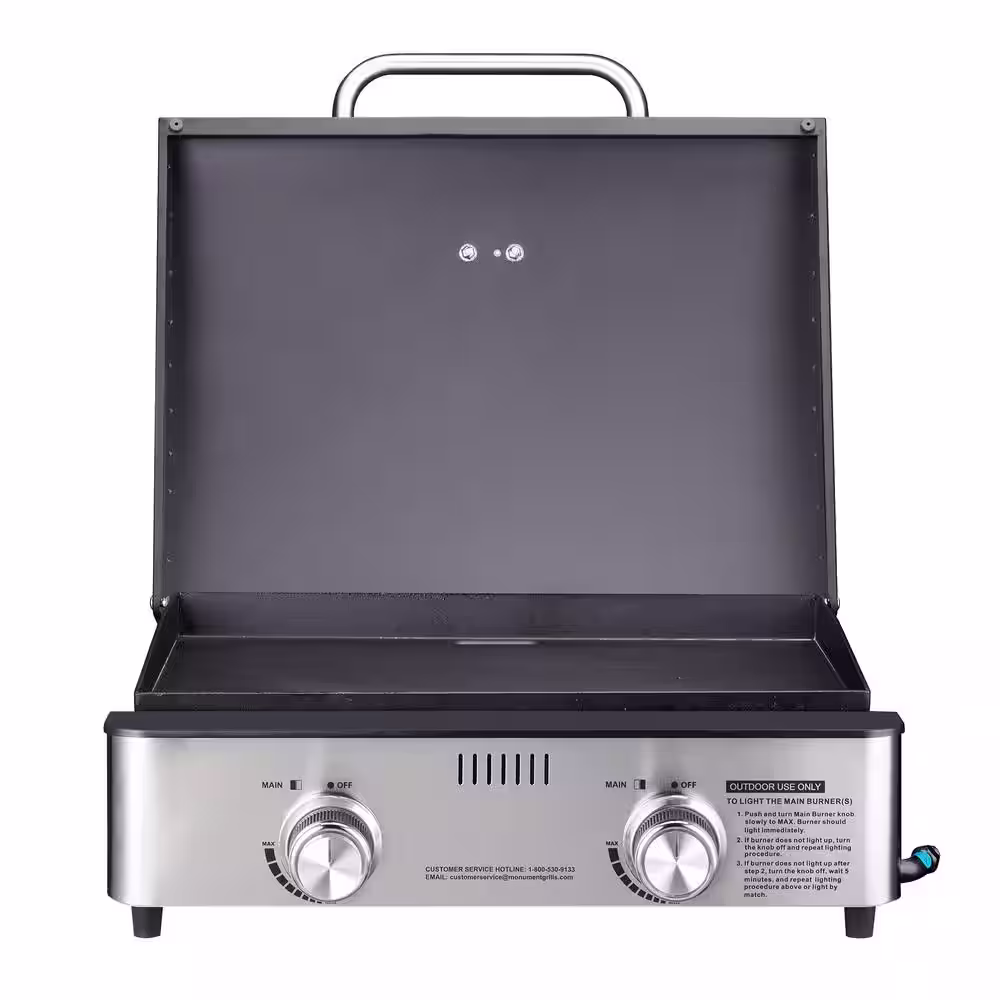 Monument Grills 2-Burner Portable Table Top Propane Gas Griddle in Stainless Steel with Locking Lid