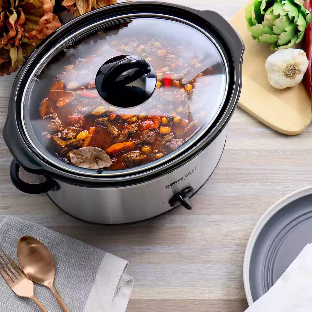 Better Chef 4 qt. Oval Slow Cooker with Removable Stoneware Crock in Silver Stainless Steel