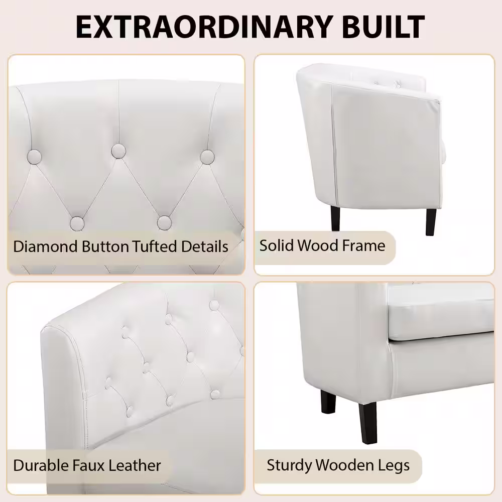 HOMESTOCK White Love Seat, Button Tufted Faux Leather Barrel Loveseat, Midcentury Modern 2-Seater Couch, Small Loveseat