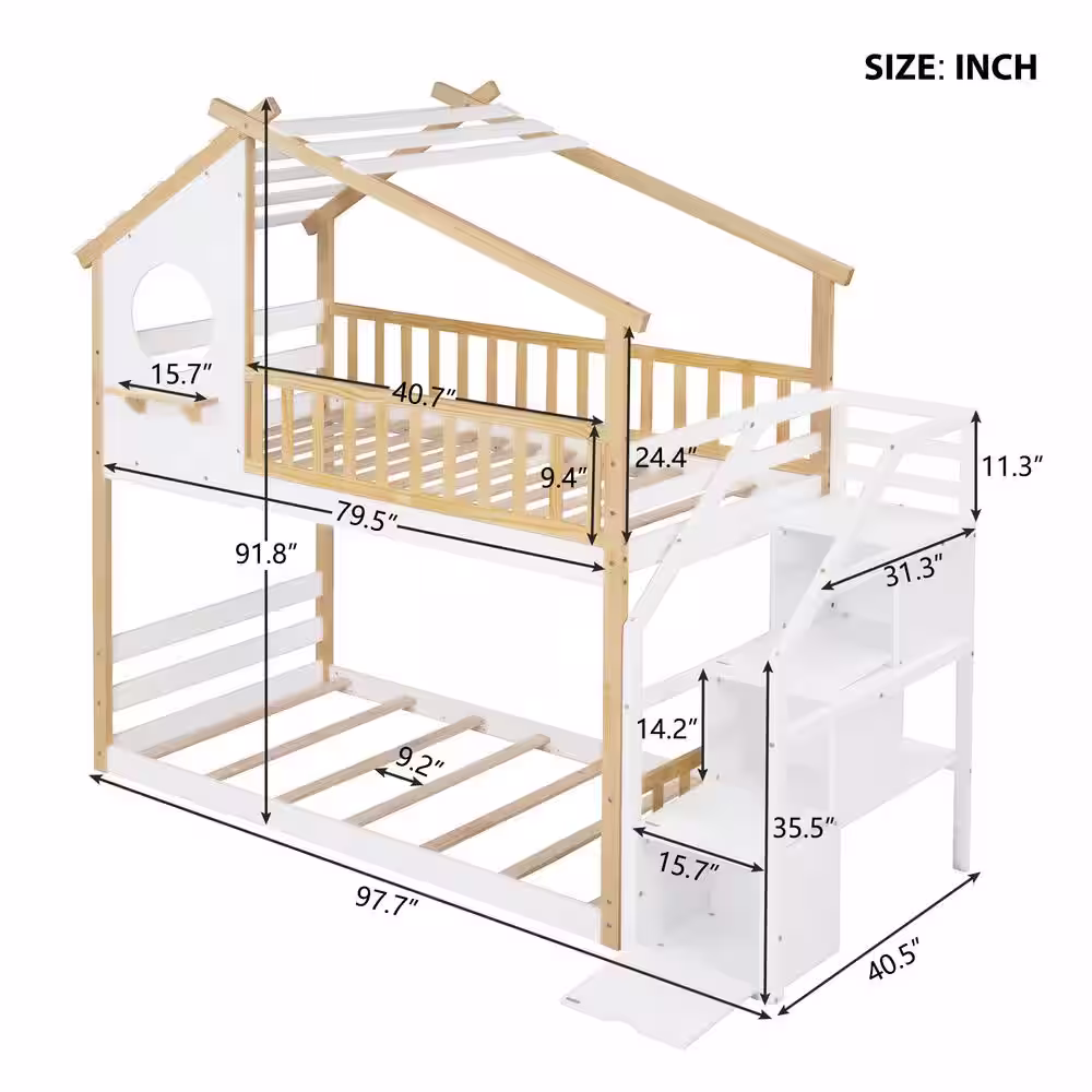 Harper & Bright Designs White Twin Wood House Bunk Bed with Storage Stairway