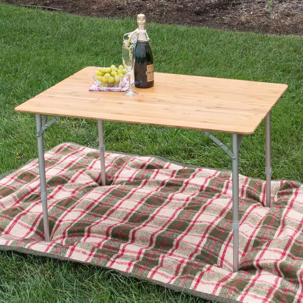 AmeriHome 39.35 x 25.5 Inch Adjustable Height Folding Bamboo Wood Table with Carry Bag
