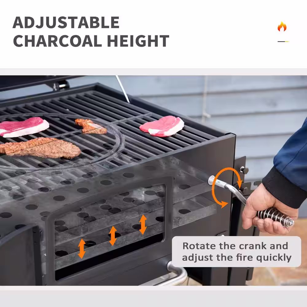 Outsunny Metal Charcoal Smoker in Black Grill BBQ with Adjustable Height and Folding Shelves