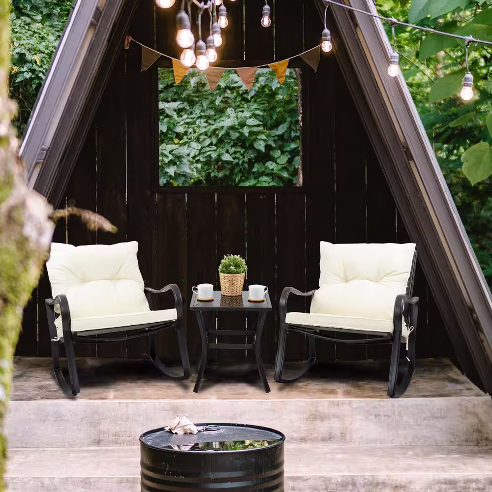 KOZYARD 3-Piece Metal Outdoor Bistro Set Rocking Chairs with White Cushions