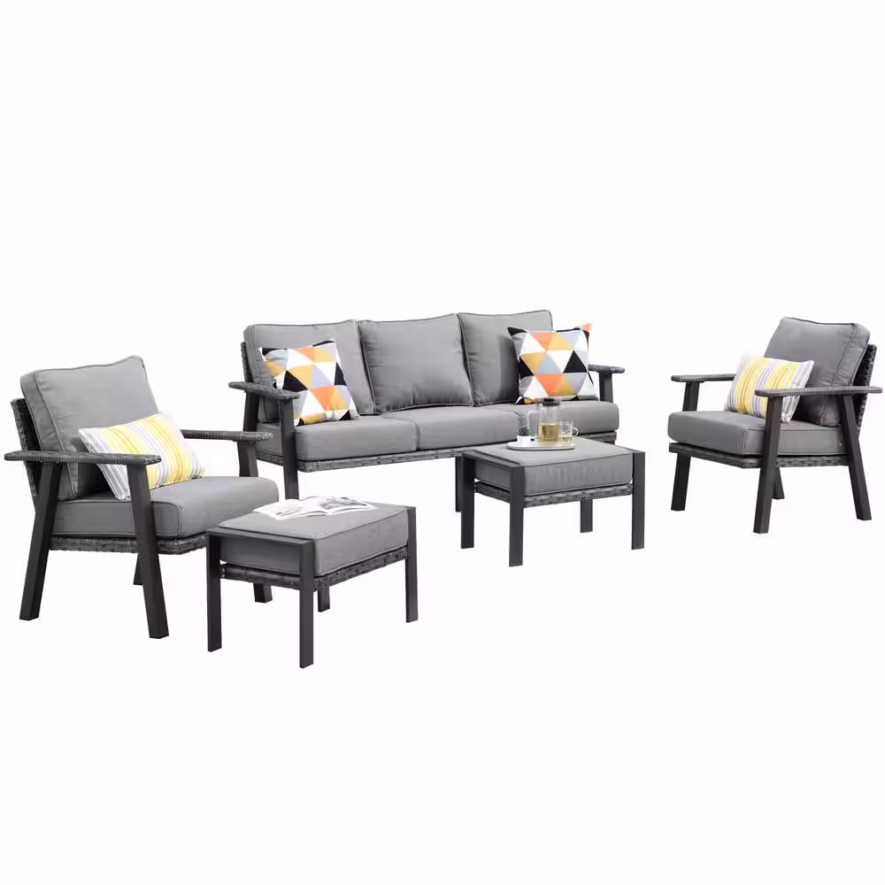 HOOOWOOO Walden Grey 5-Piece Wicker Metal Outdoor Patio Conversation Sofa Seating Set with Dark Grey Cushions