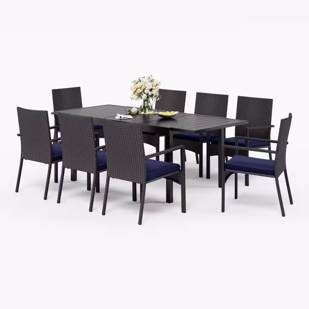 None 9-Piece Metal Patio Outdoor Dining Set with Rectangle Extensible Table and Rattan Chair with Blue Cushion