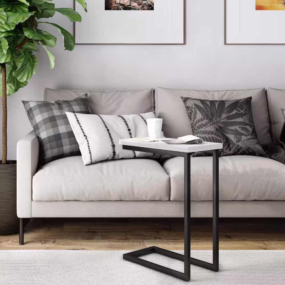 Simpli Home Skyler Industrial 18 in. Wide Metal C Side Table with Marble Top in White, Fully Assembled