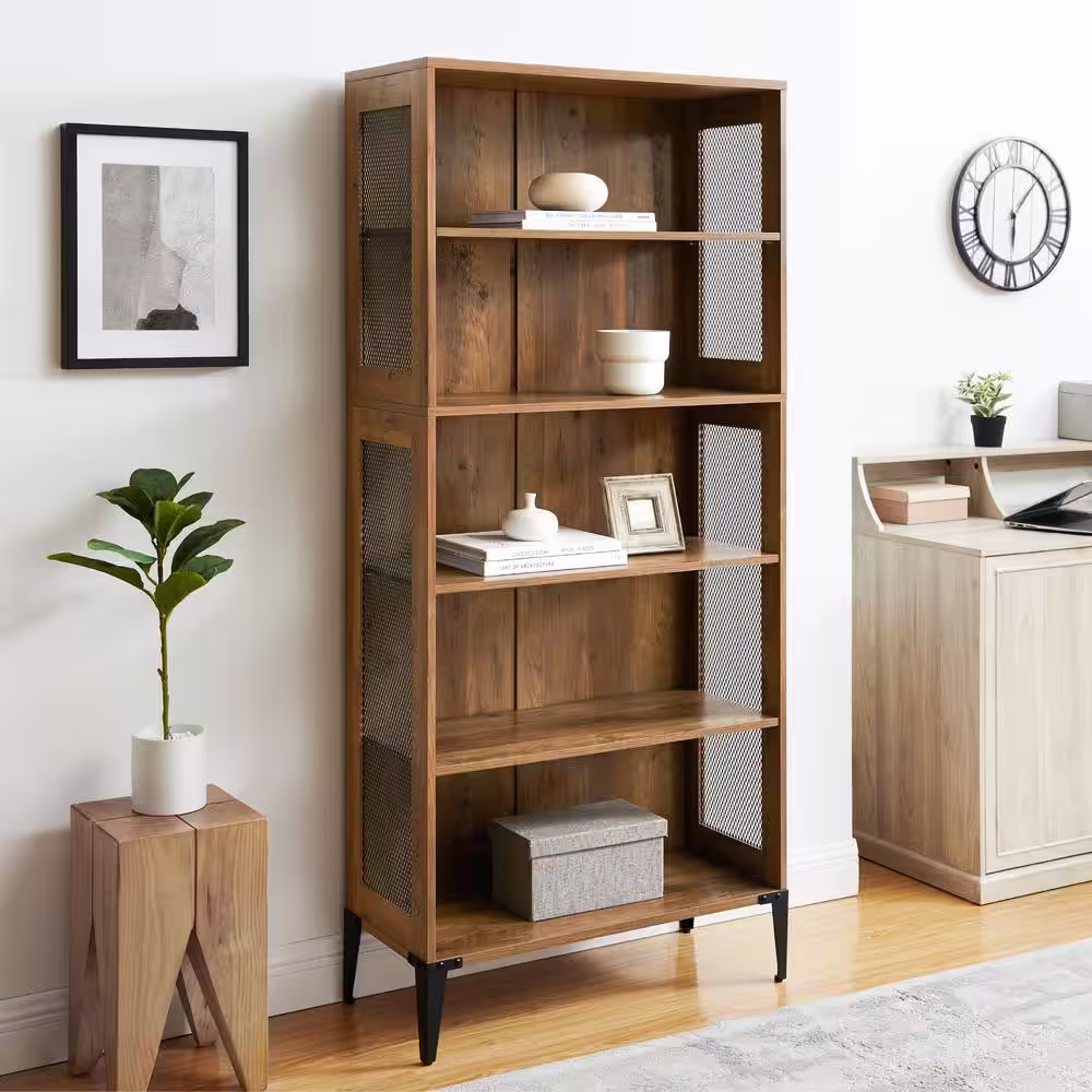 Welwick Designs 68 in. Reclaimed Barnwood and Metal Mesh Industrial 4-Shelf Standard Bookcase with 3-Adjustable Shelves