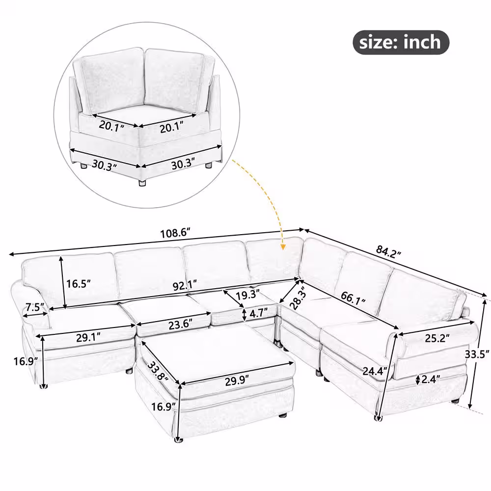 Harper & Bright Designs 108.6 in. W Rolled Arm 7-piece Linen Upholstered Modular Sectional Sofa in Gray with Ottoman