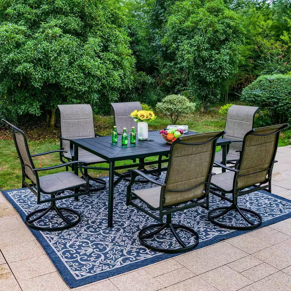 None 7-Pieces Metal Outdoor Patio Dining Set with Texitilene Swivel Chairs with Wave Arms