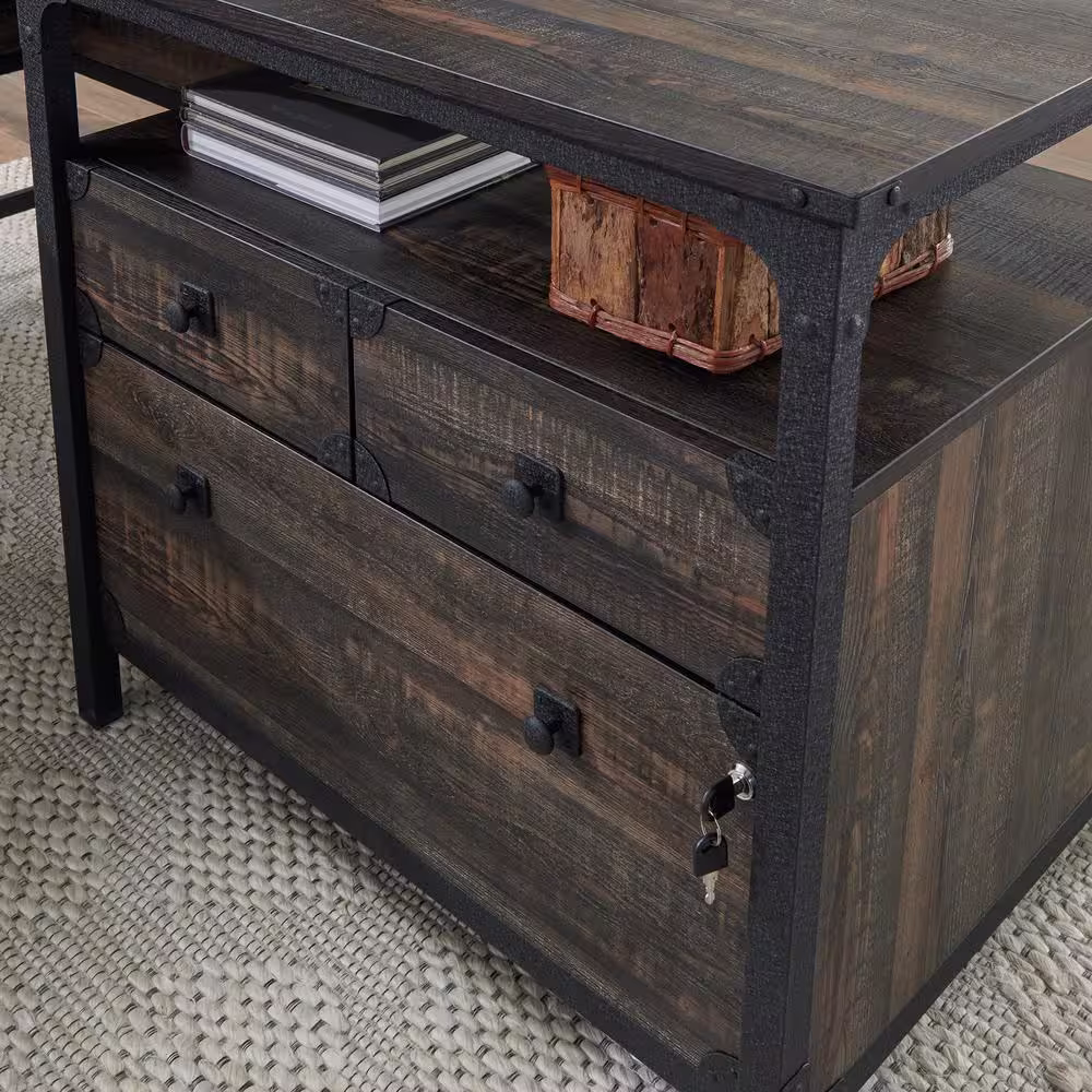 SAUDER Steel River 66.063 in. Engineered Wood 3-Drawer L-Shaped Carbon Oak Computer Desk with Metal Frame