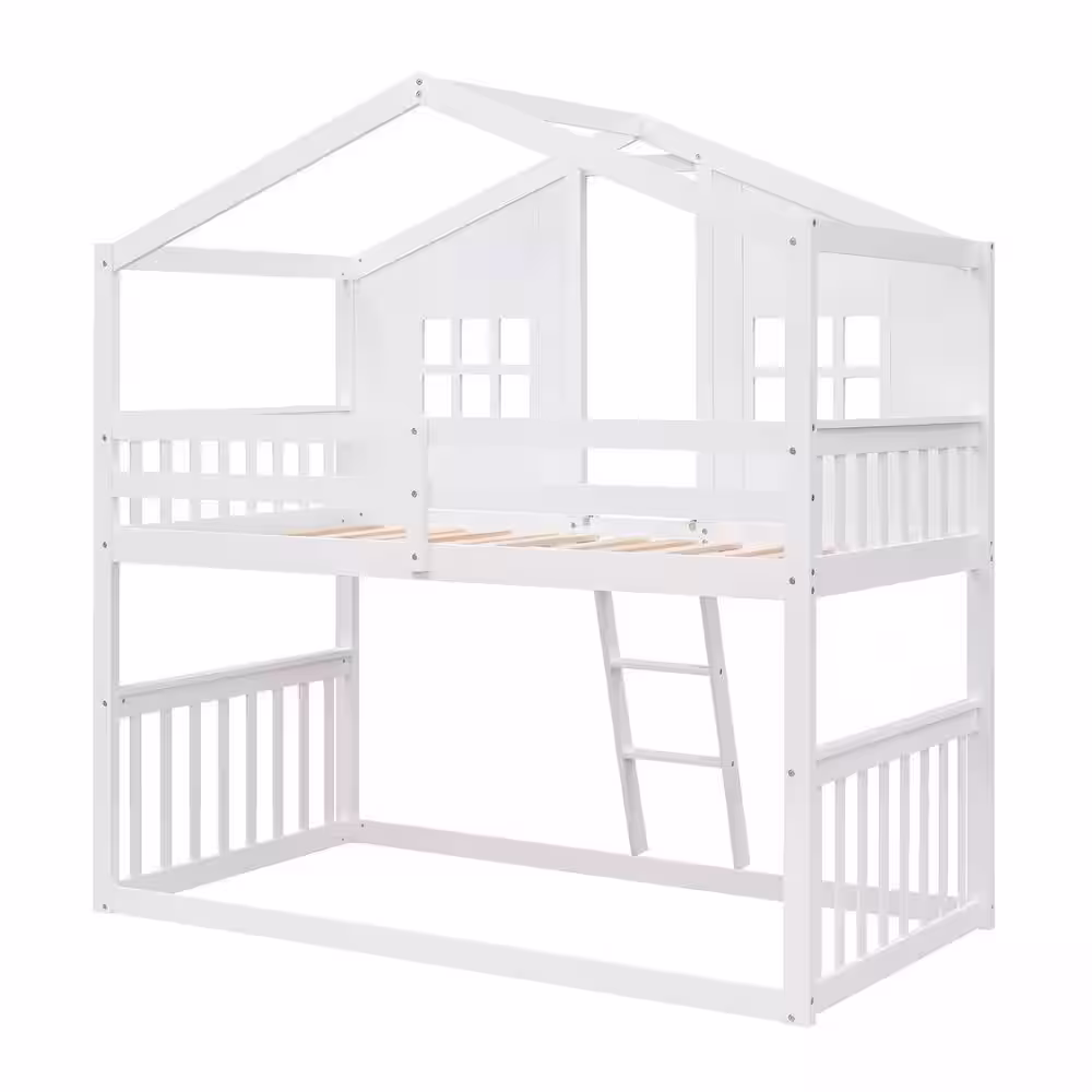 Harper & Bright Designs White Twin Over Twin Wood House Bunk Bed With Ladder