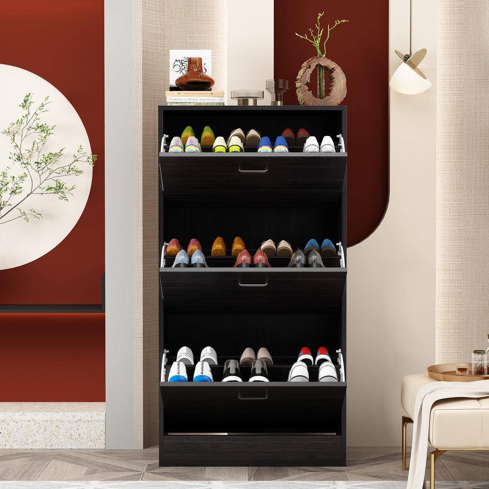 None 23.6 in. W x 45.5 in. H Black Wood Shoe Storage Cabinet with 6-Foldable Compartments up to 18-Pairs
