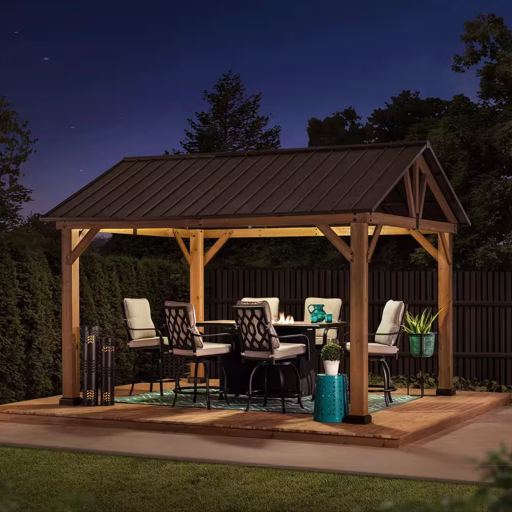 Sunjoy Apollo 11 ft. x 13 ft. Cedar Framed Gazebo with Brown Steel Gable Roof Hardtop