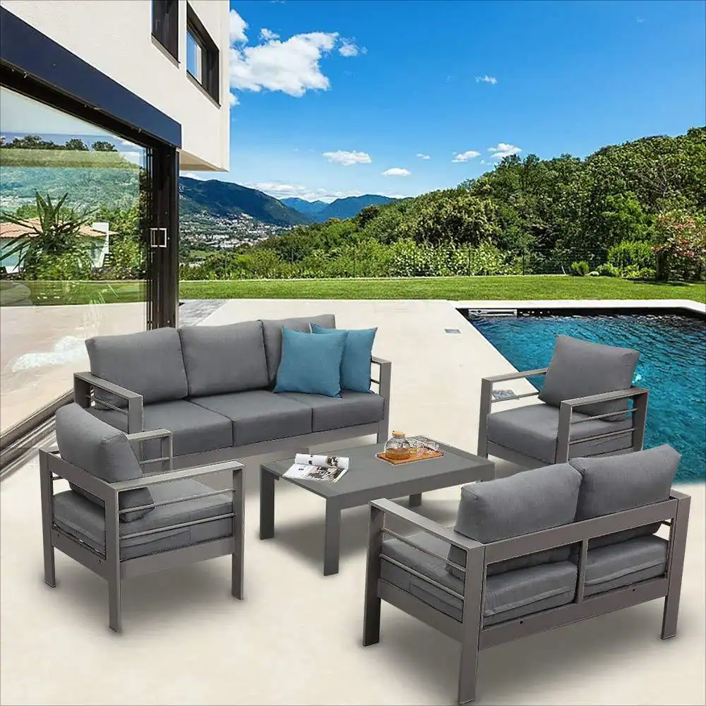 SUNVIVI Grey 5-Piece Aluminum Patio Conversation Set with Dark Grey Cushions