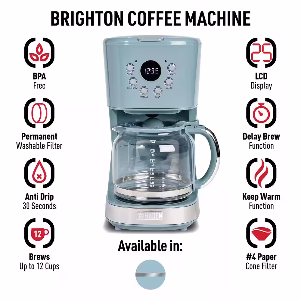 HADEN Brighton 12-Cup Sky Blue Retro Style Coffee Maker Programmable with Strength Control and Timer