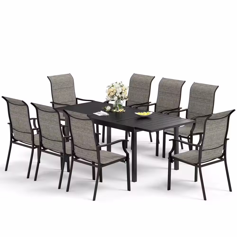 None Black 9-Piece Metal Expandable Table Patio Outdoor Dining Set with Padded Textilene Chairs