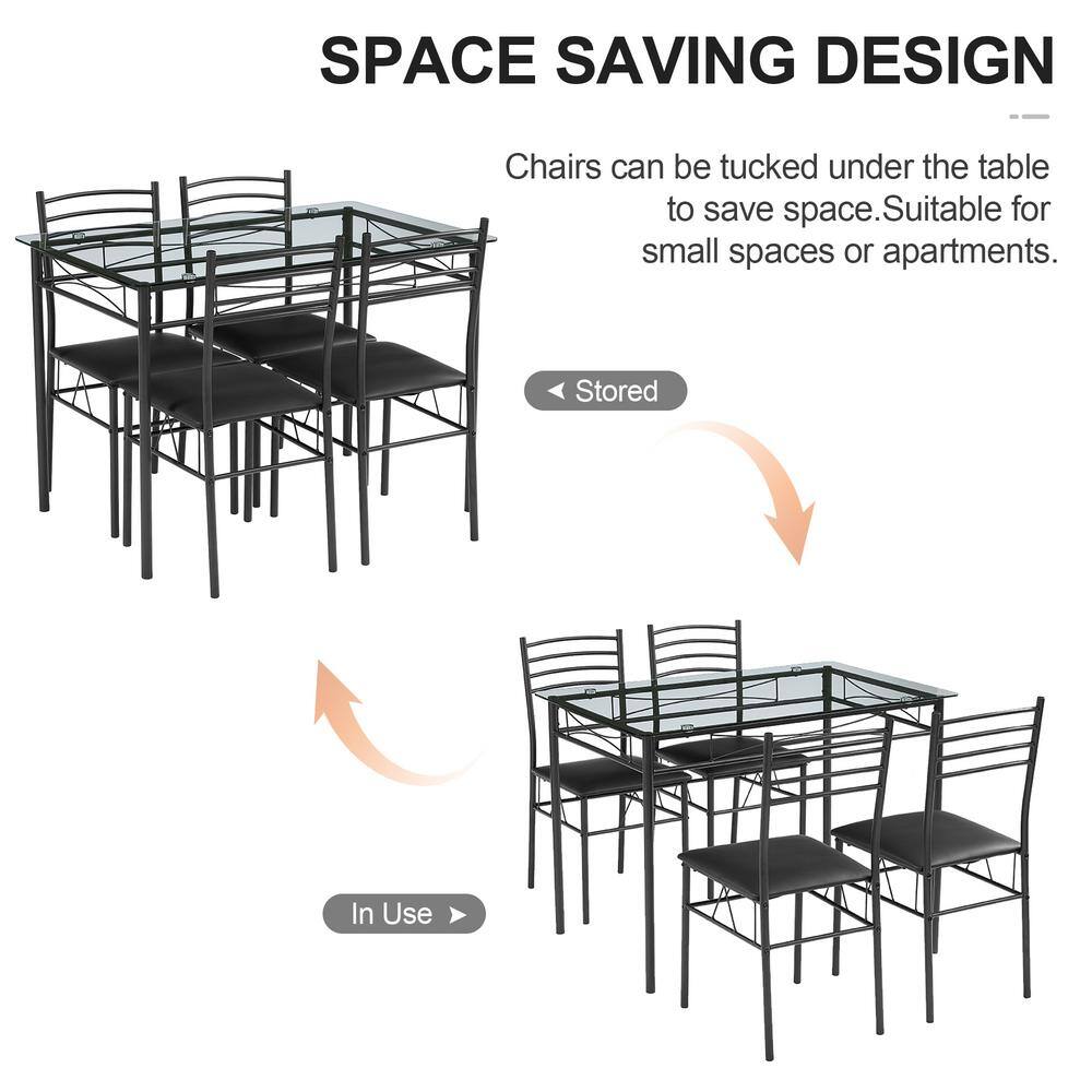 VECELO 5 Pcs Dining Table Set, Home Dining Table and 4 Chairs Set with Tempered Glass Tabletop Padded Seatï¼?3.3