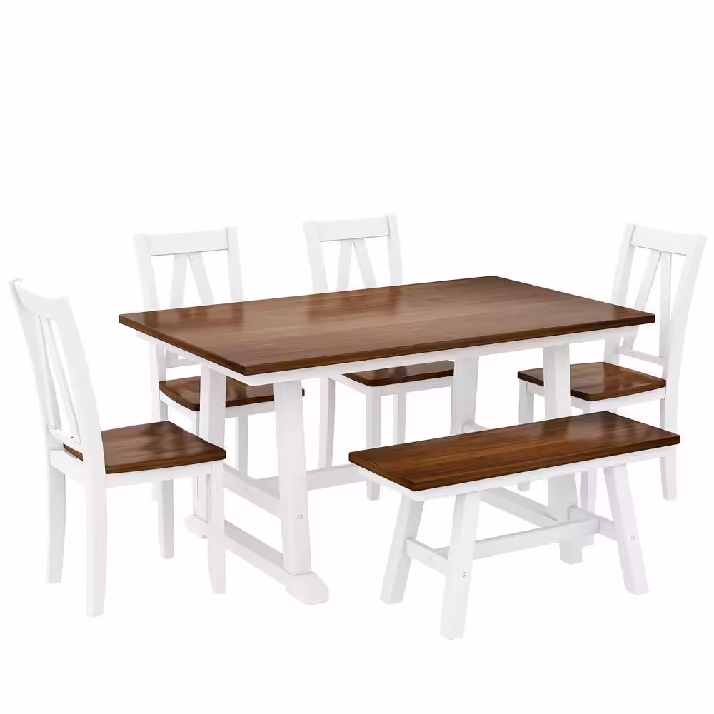 Harper & Bright Designs Farmhouse 6-piece Walnut and White Rectangle MDF Top Dining Table Set Seats 6