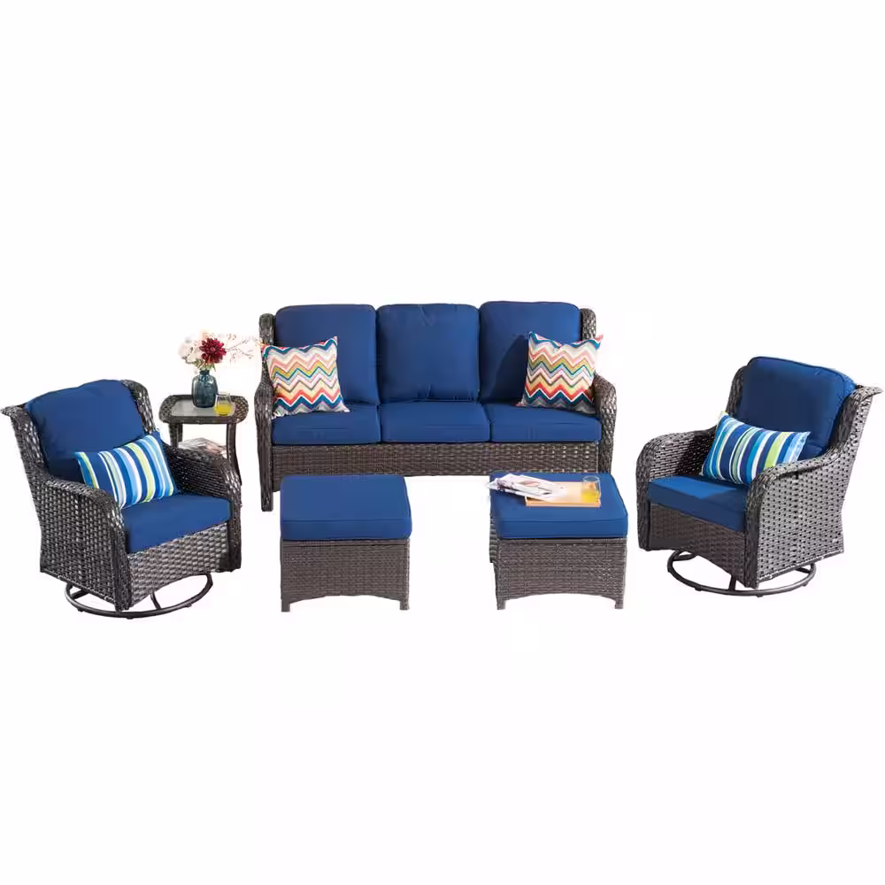XIZZI Maroon Lake Brown 6-Piece Wicker Patio Conversation Seating Sofa Set with Navy Blue Cushions and Swivel Rocking Chairs