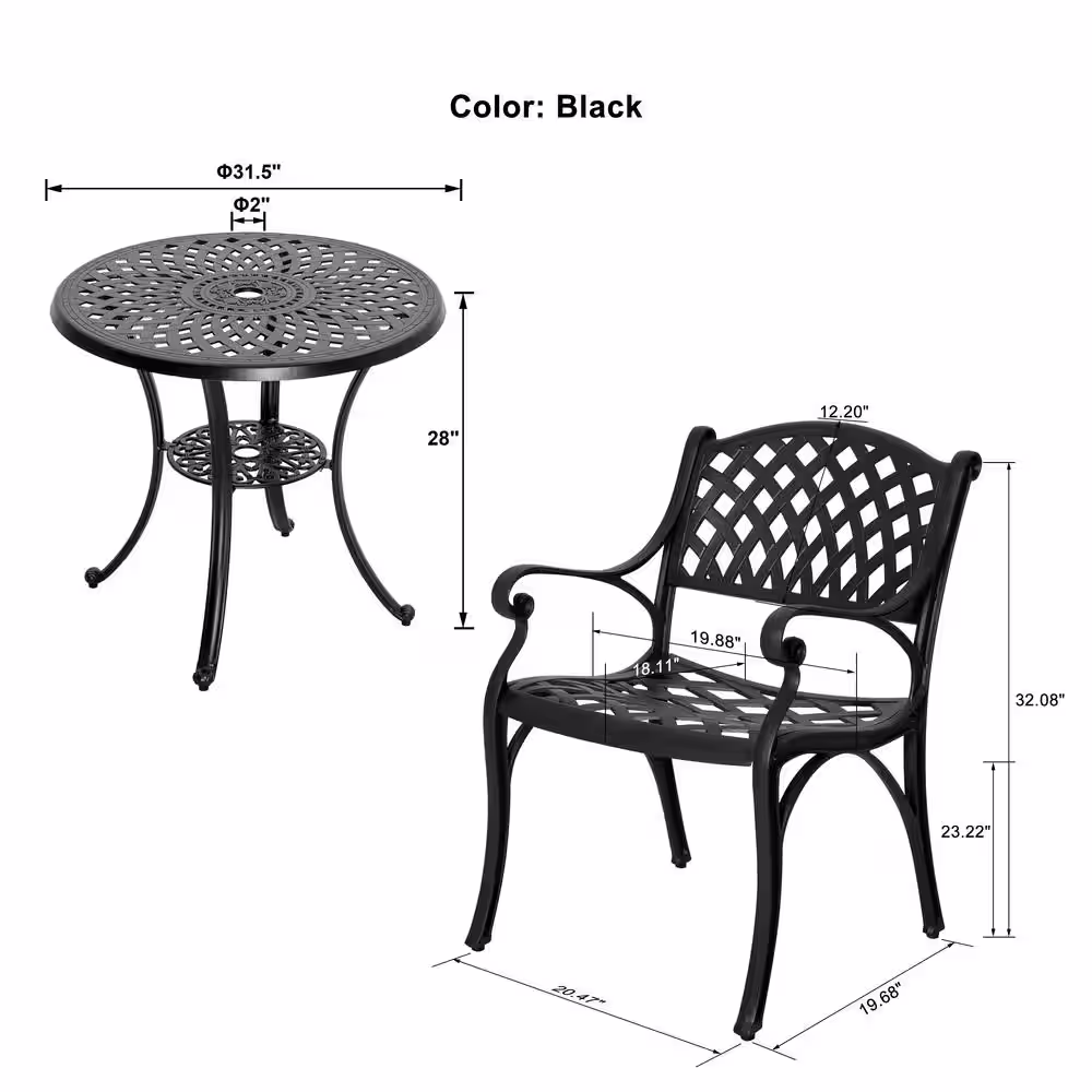 Nuu Garden Black 3-Piece Cast Aluminum Outdoor Bistro Dining Set with 2 Chairs, Round Table Set with Beige Cushions