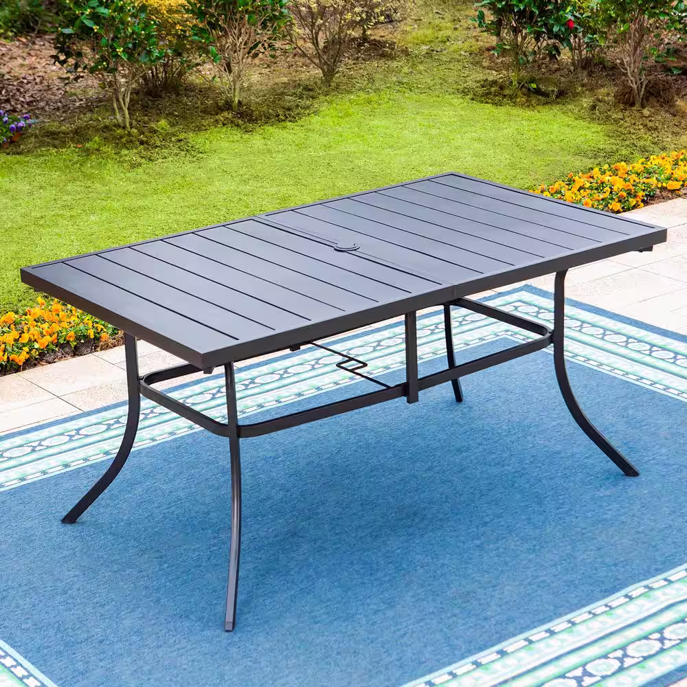 None Black 8-Piece Metal Patio Outdoor Dining Set with Umbrella and Rattan Chair with Blue Cushion