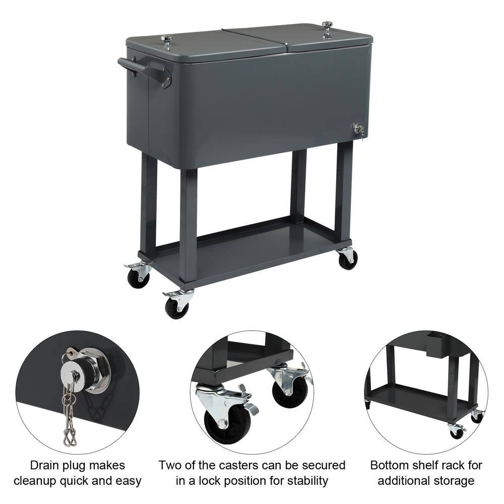 None Dark Grey 80 qt. Iron Beverage Wheeled Cooler with Shelf
