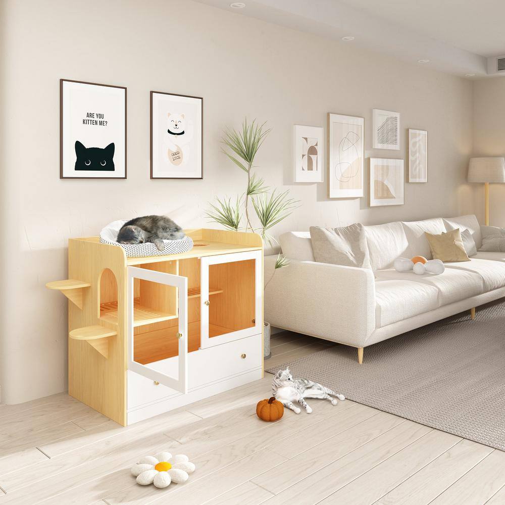 None XL Large Cat Litter Box Furniture Hidden, Cat Cabinet Nightstand Side Table with Large Drawer and Stairs, White with Log