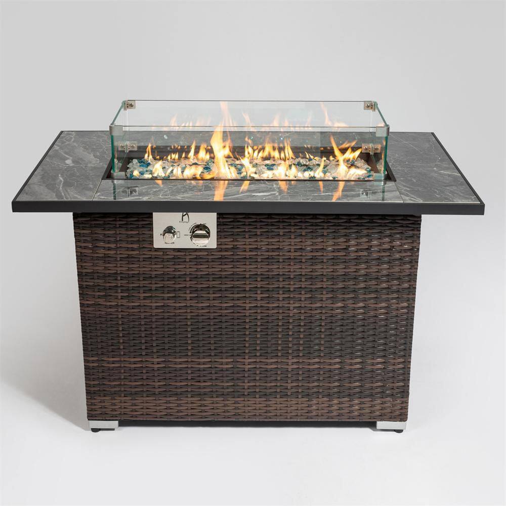 None 43.30 in. W x 24.80 in. H Dark Brown Outdoor 50000 BTU Rectangle PE Wicker Propane Fire Pit Table with Glass Windshield