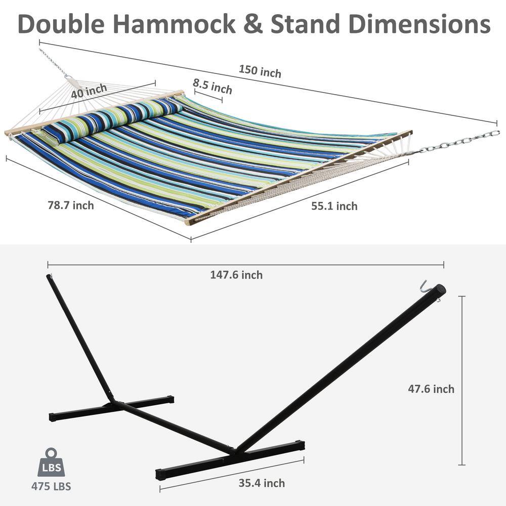 Atesun 12 ft. Free Standing, 475 lbs. Capacity, Heavy-Duty 2-Person Hammock with Stand and Detachable Pillow in Green Stripes