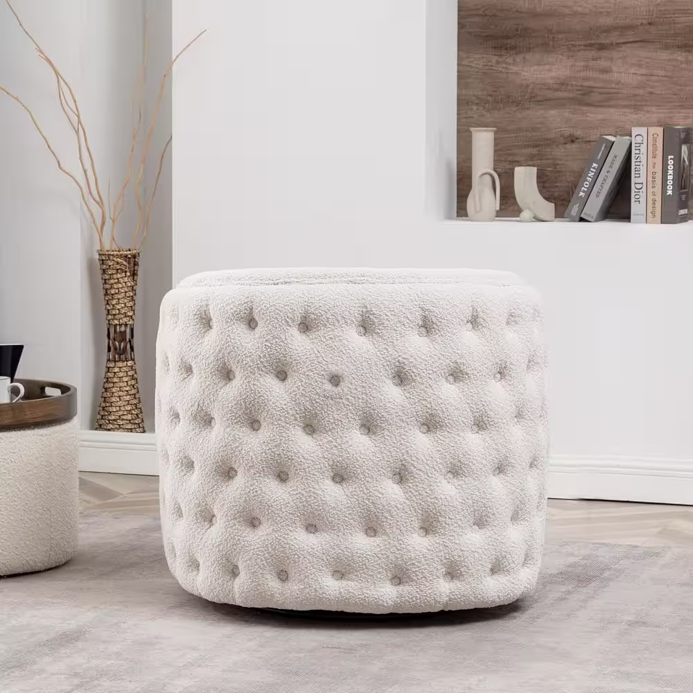 KINWELL Cream Boucle Tufted Upholstered Swivel Armchair