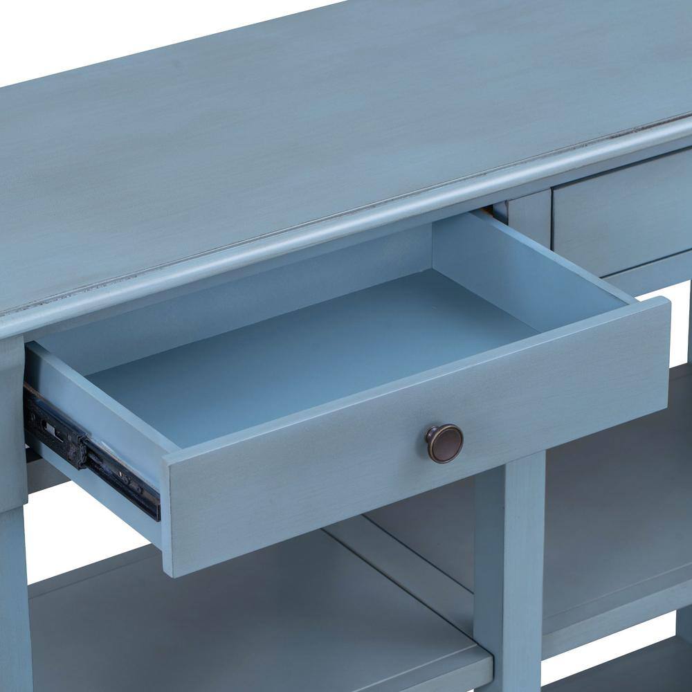 Harper & Bright Designs 58 in. Teal Blue Rectangle Wooden Console Table with 3 Drawers and 2 Open Shelves