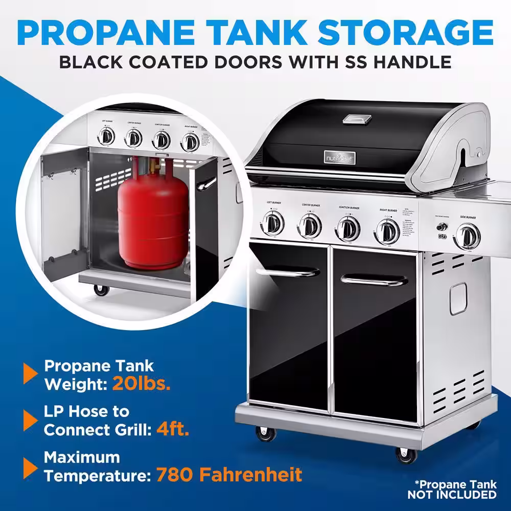 NutriChef 5-Burner Propane Tank Grill in Chrome with Side Burner