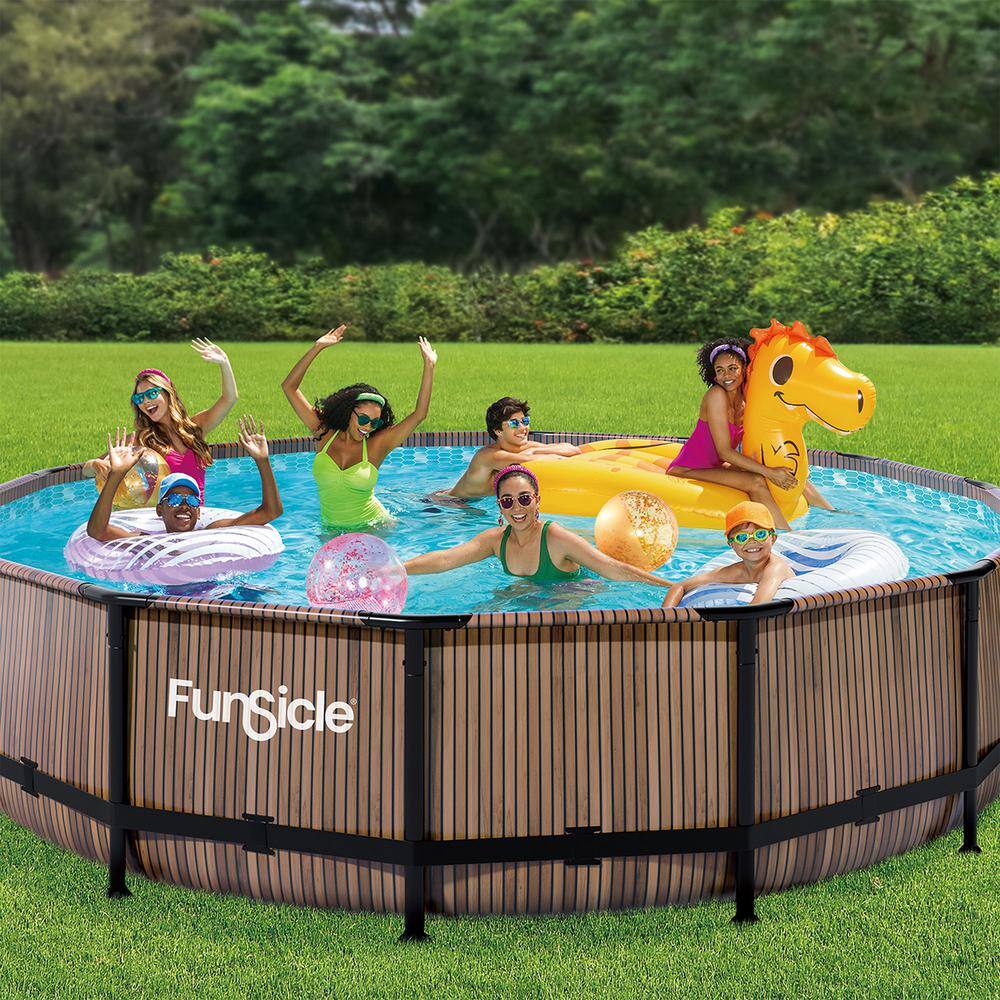 None 14 ft. Round 42 in. Deep Metal Frame Above Ground Pool, Natural Teak